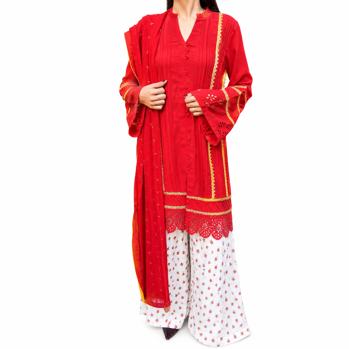 Red Laser-Cut Crepe Georgette 3-Piece Pret | Lace Shirt & Silk Net Dupatta