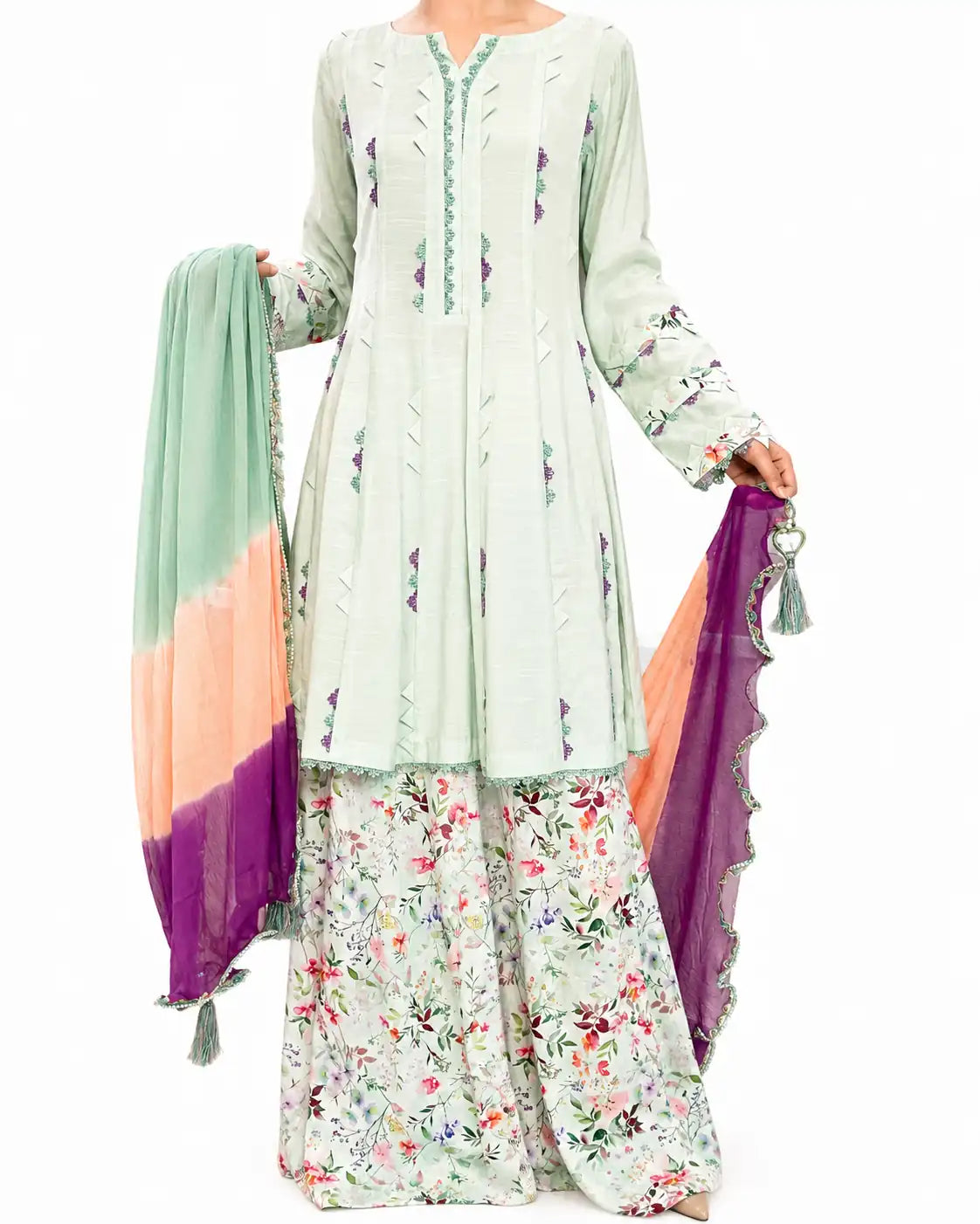 Green Linen Peplum Shirt with Digital Print Flapper Pants | 3-Piece Set