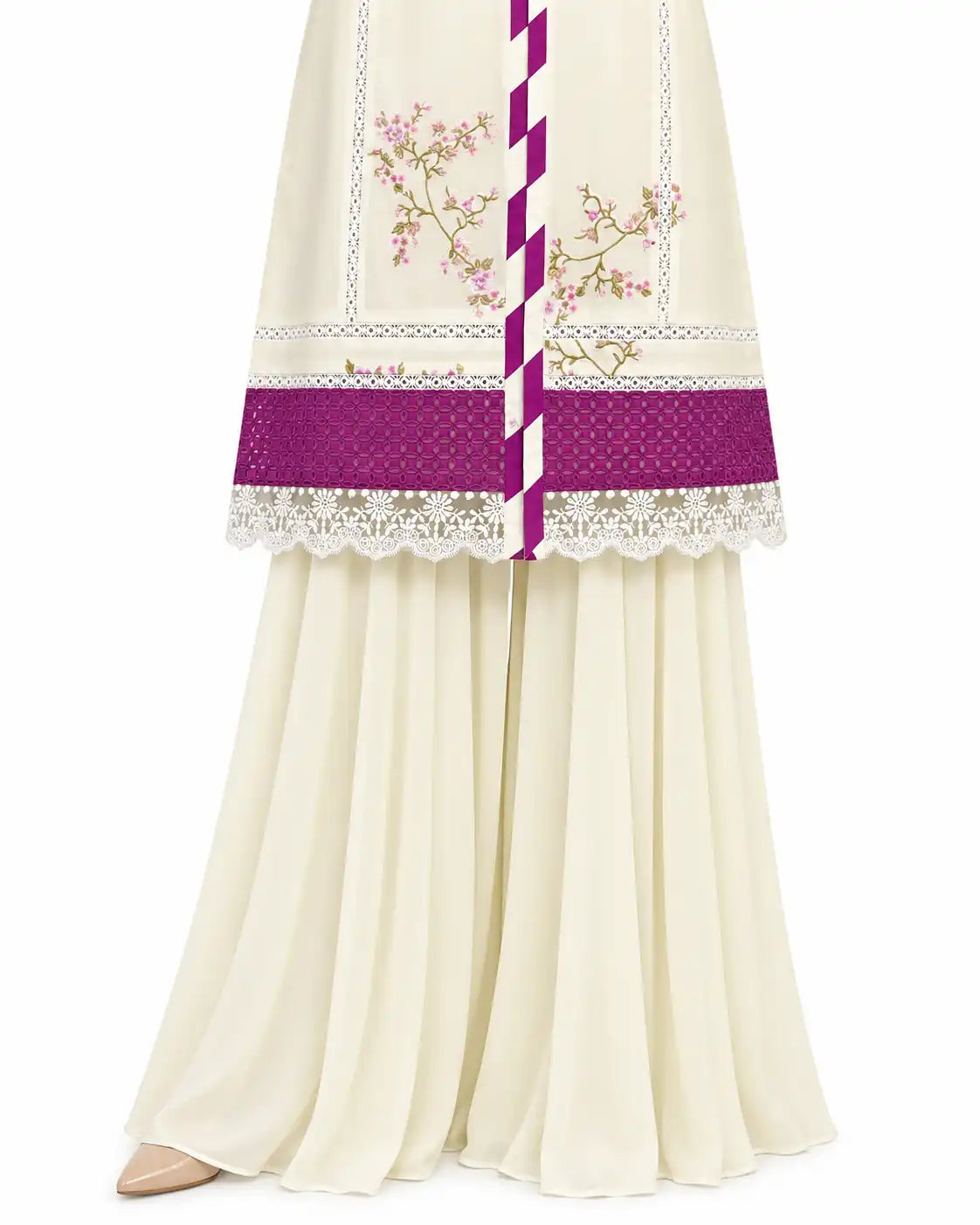 Swiss Lawn 3-Piece Set: Lace Shirt, Gharara Pants & Chiffon Dupatta