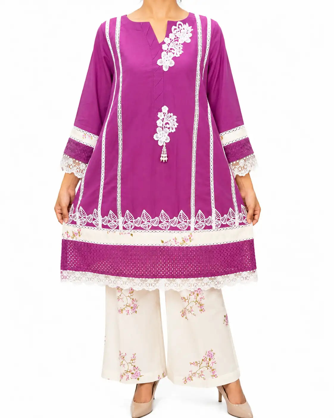 Purple 3-Piece Casual Pret | Cotton Lawn Shirt with Lace