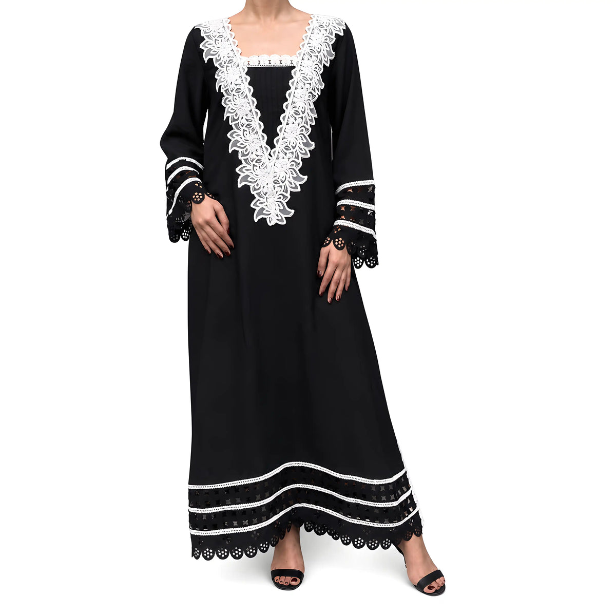 Black Laser-Cut Crepe Georgette Kaftan with Lace Embellishment