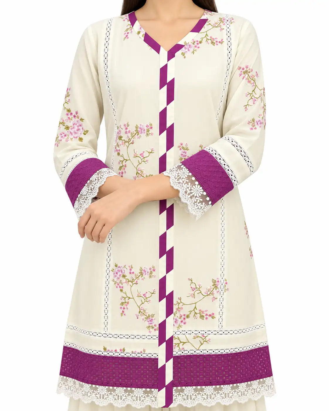Swiss Lawn 3-Piece Set: Lace Shirt, Gharara Pants & Chiffon Dupatta