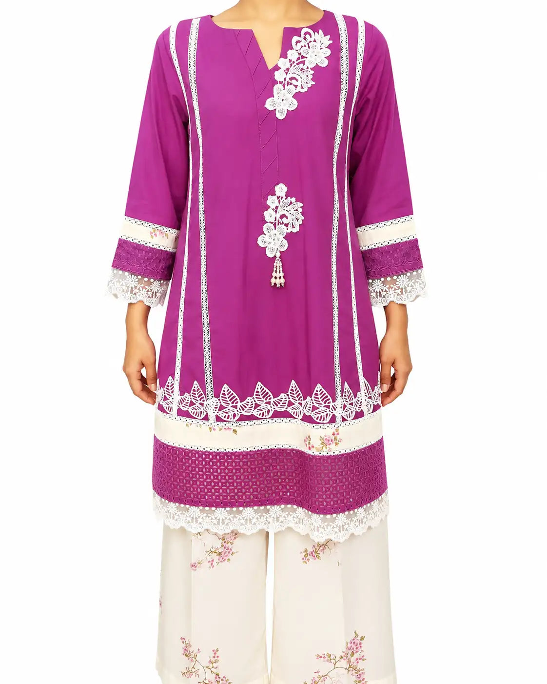 Purple 3-Piece Casual Pret | Cotton Lawn Shirt with Lace
