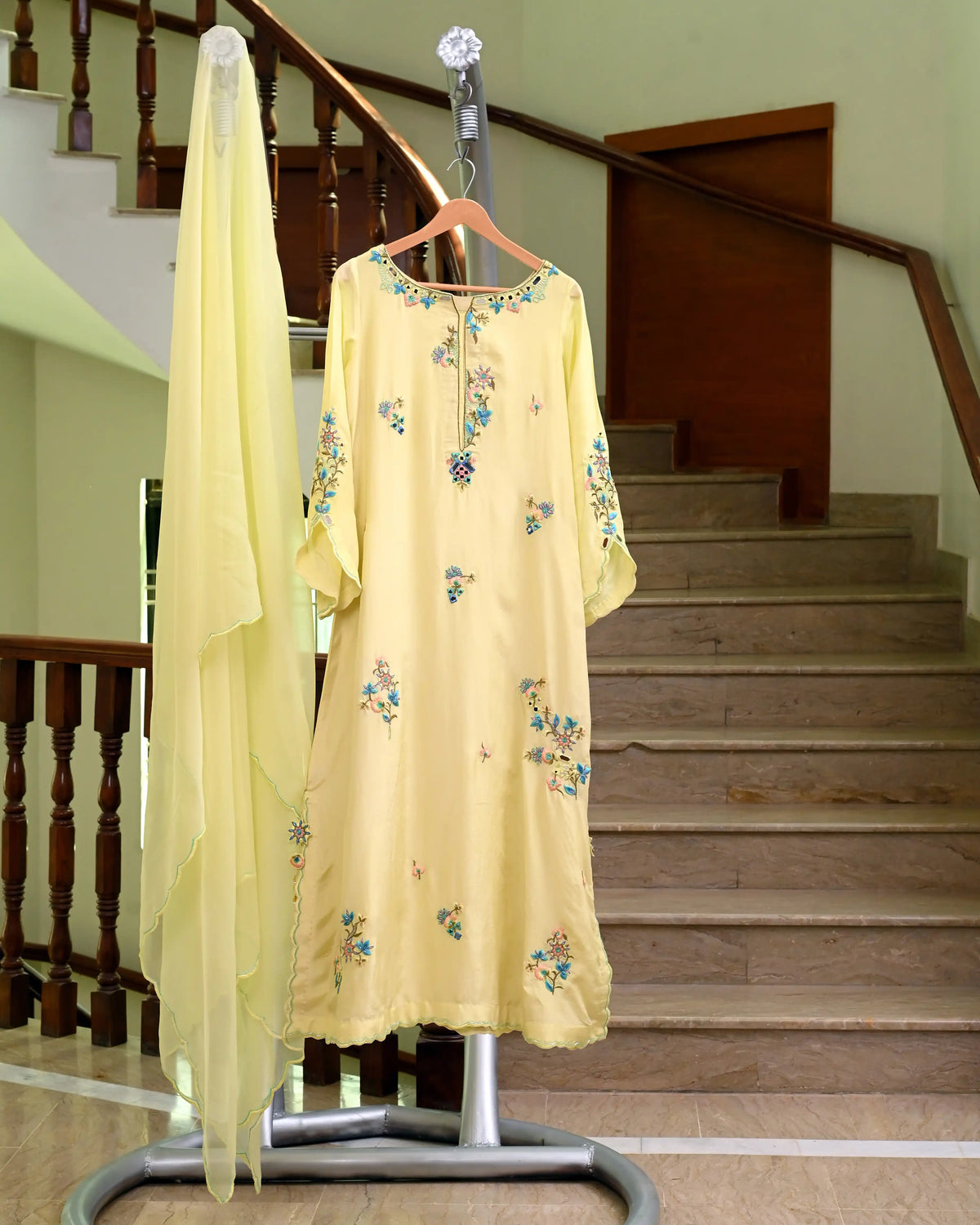 Butter Yellow Silk Kaftan with Mirror Work Embroidery | 3-Piece Set