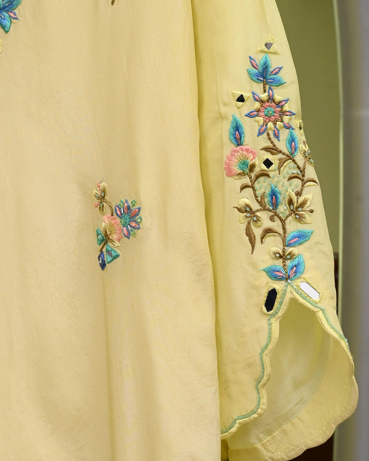 Butter Yellow Silk Kaftan with Mirror Work Embroidery | 3-Piece Set