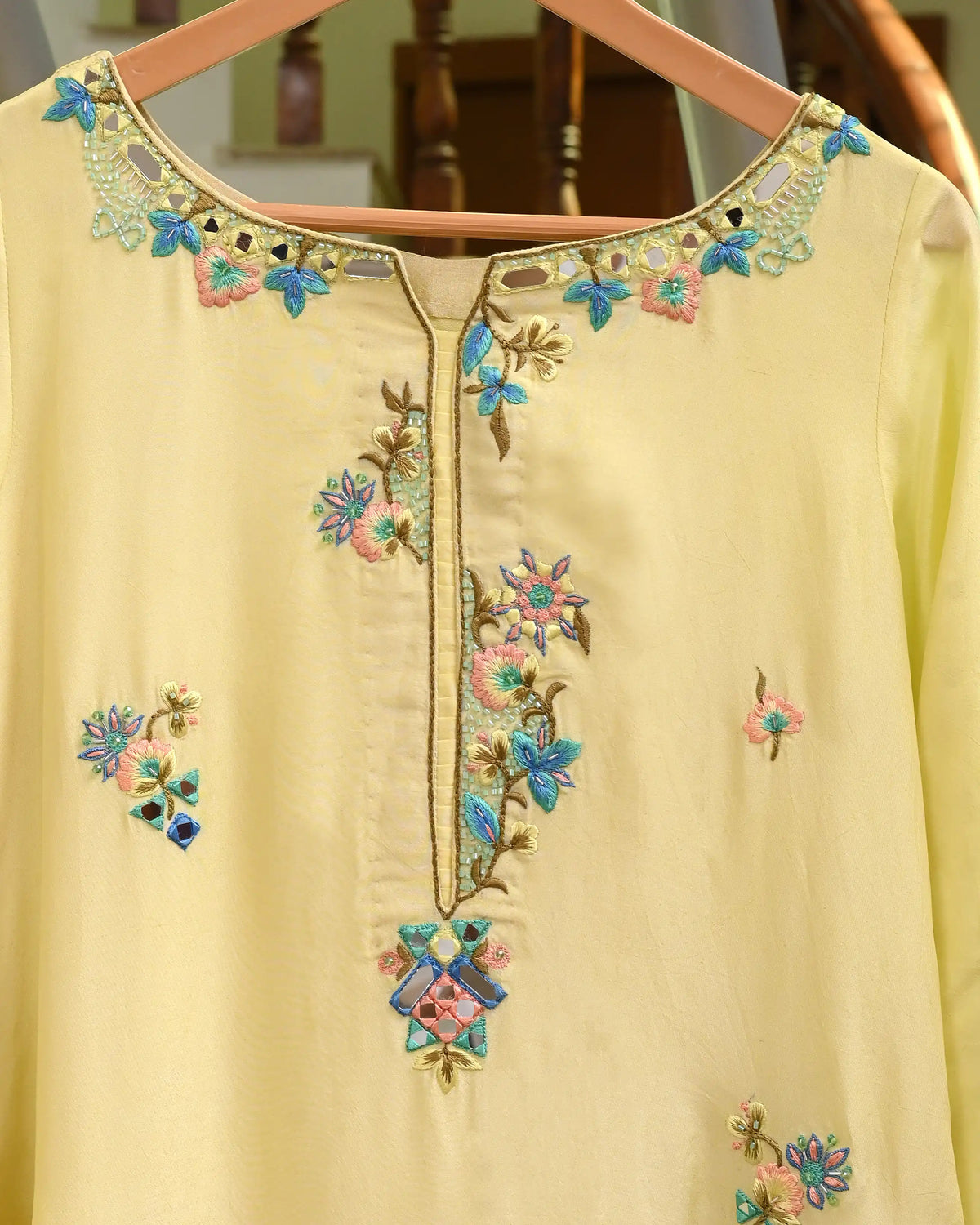 Butter Yellow Silk Kaftan with Mirror Work Embroidery | 3-Piece Set