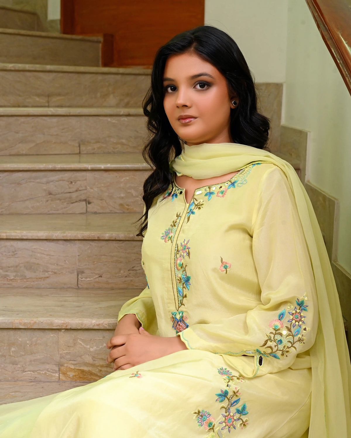 Butter Yellow Silk Kaftan with Mirror Work Embroidery | 3-Piece Set