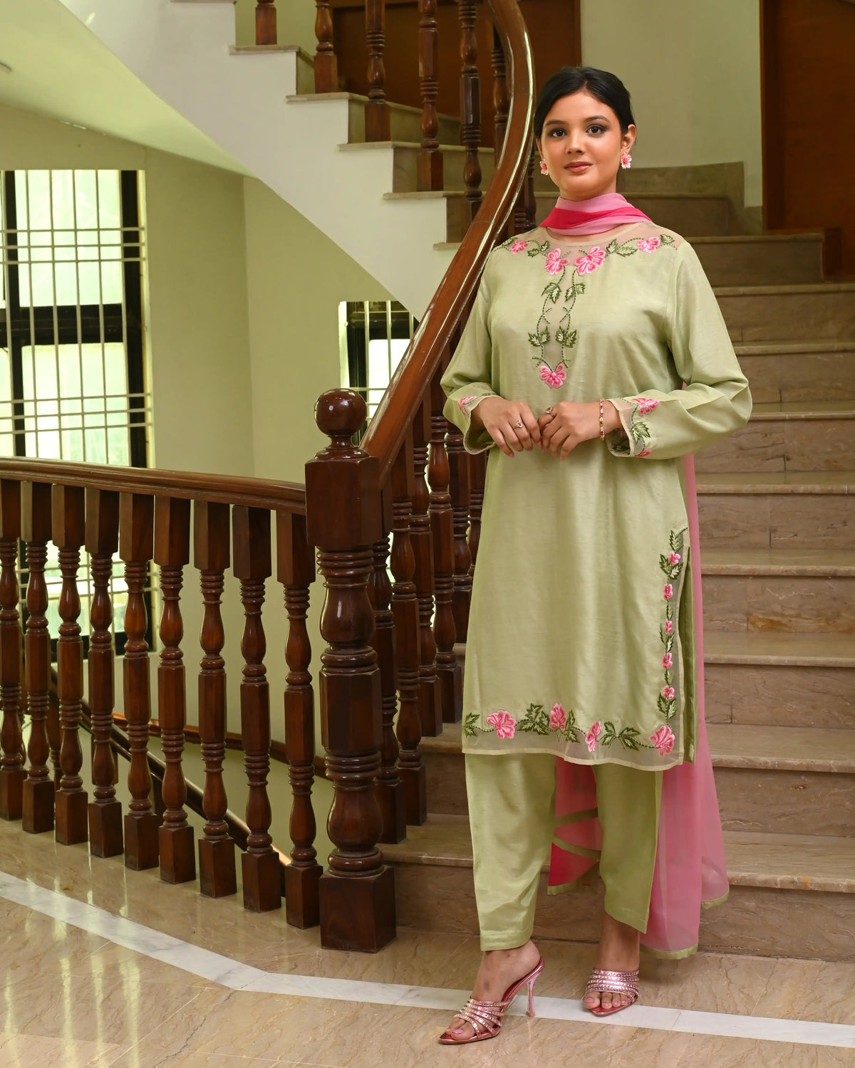 Mint Green 3-Piece Formal Dress | Russian Silk Embroidered Suit