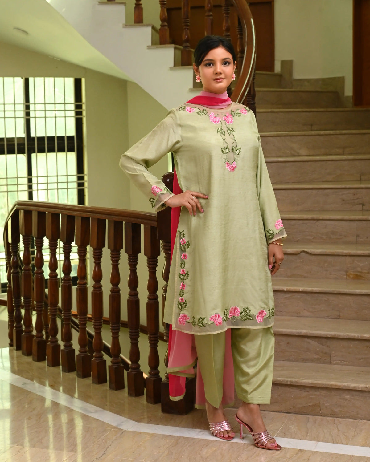 Mint Green 3-Piece Formal Dress | Russian Silk Embroidered Suit
