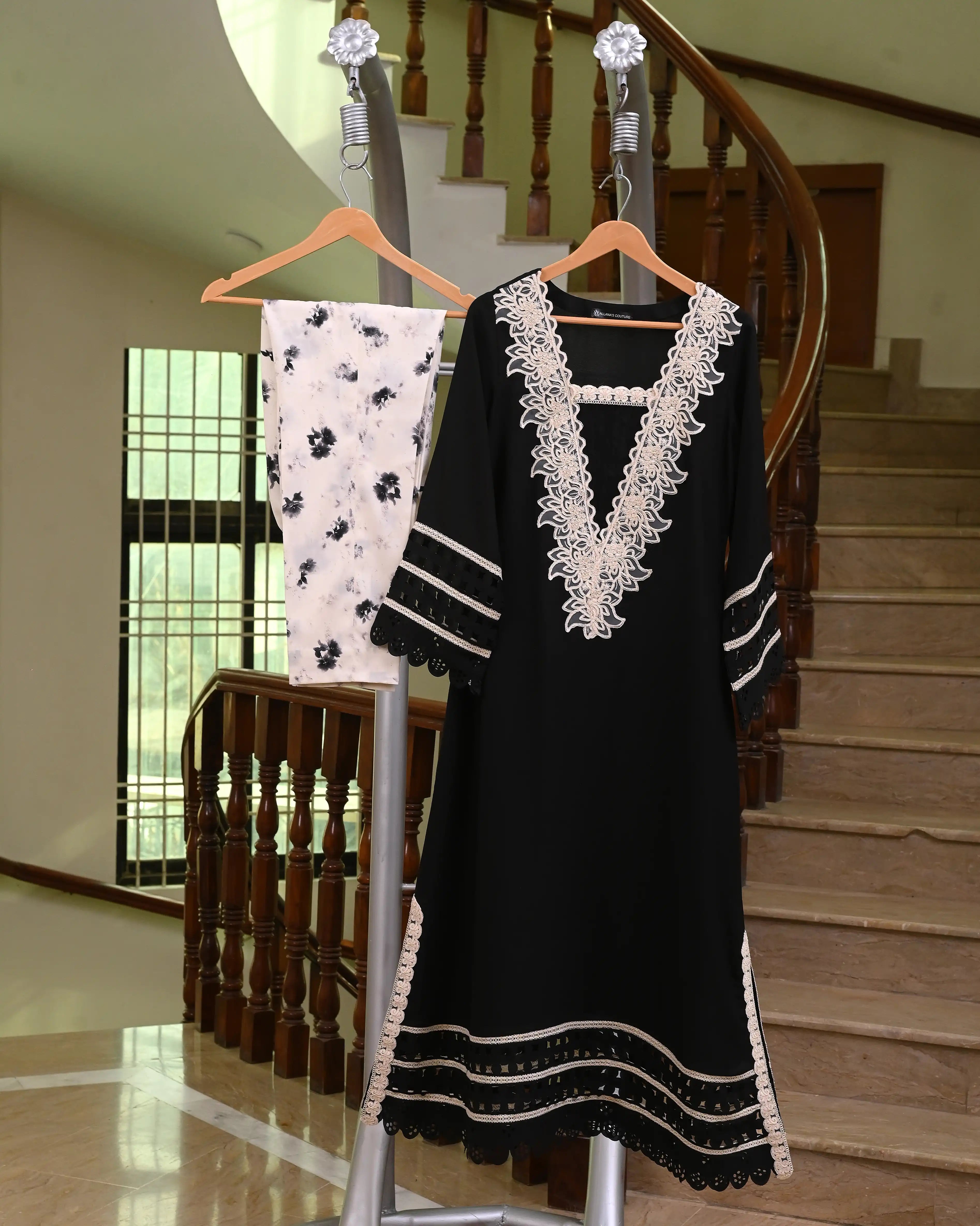 Black Laser-Cut Crepe Georgette Kaftan with Lace Embellishment