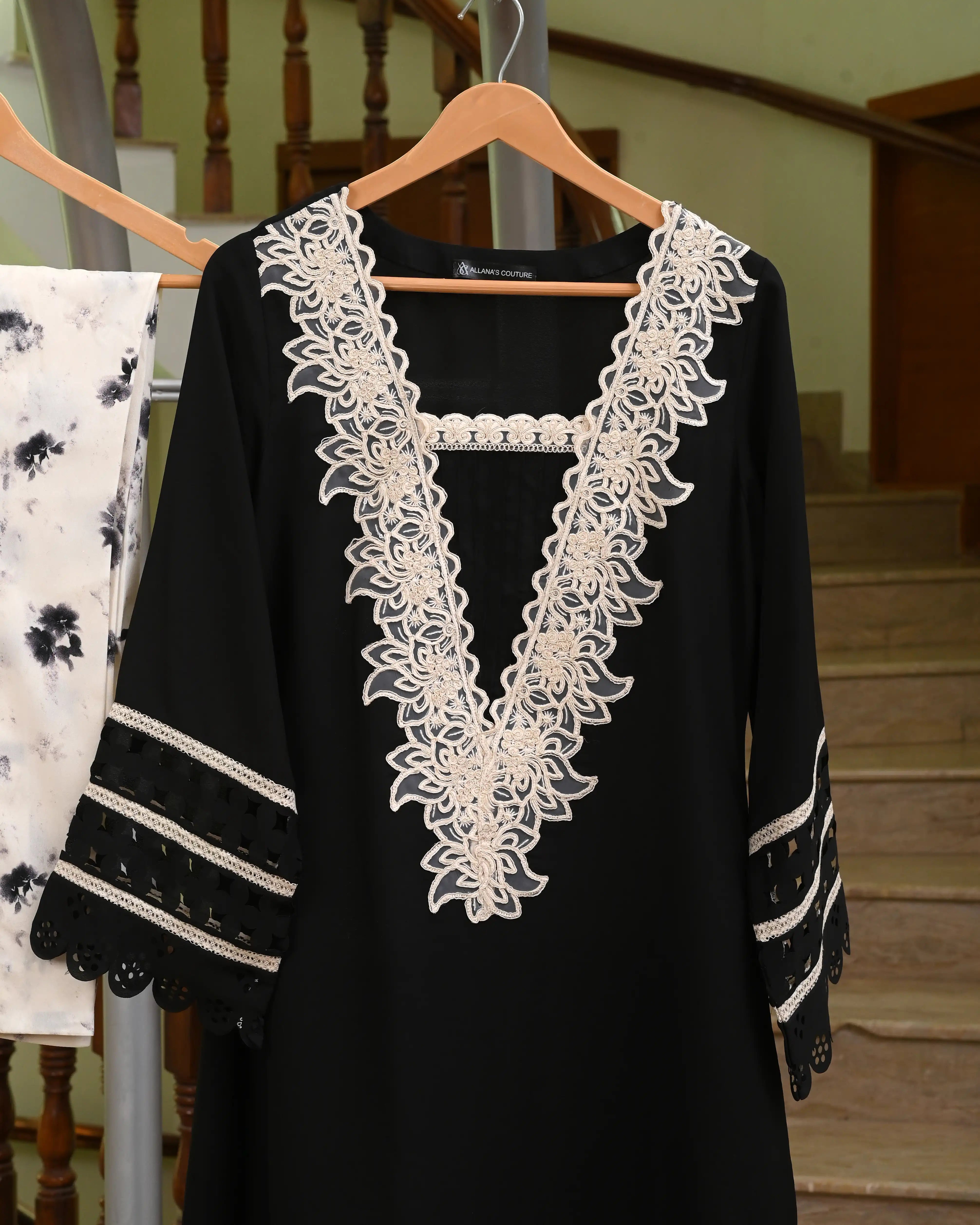 Black Laser-Cut Crepe Georgette Kaftan with Lace Embellishment