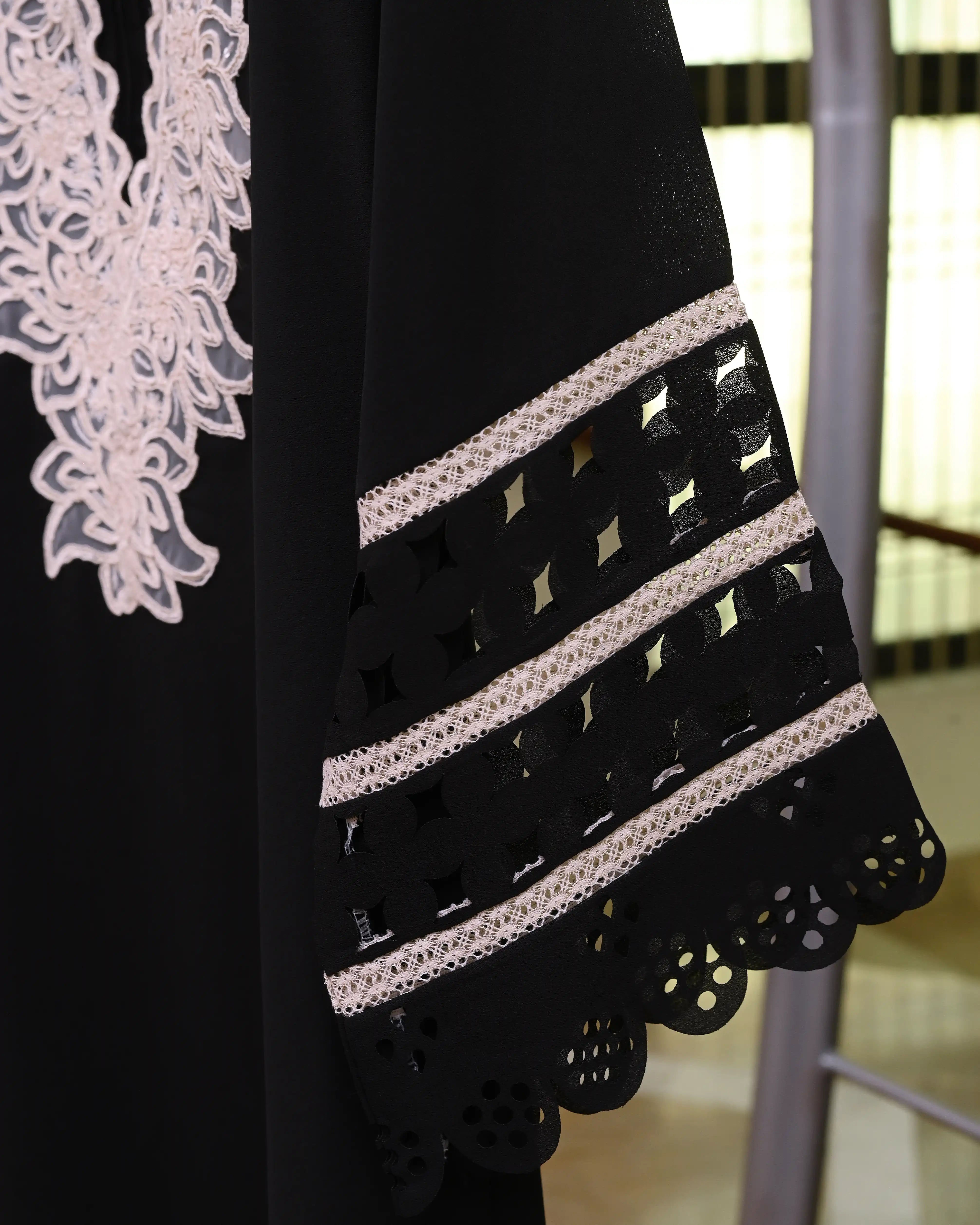 Black Laser-Cut Crepe Georgette Kaftan with Lace Embellishment