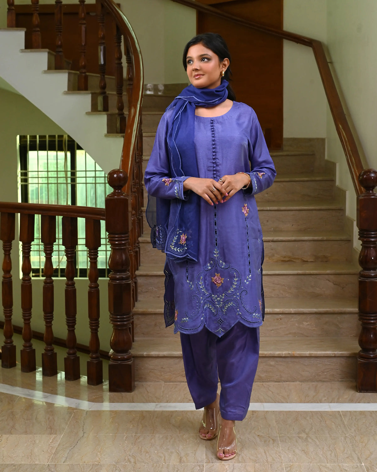 Aqua Russian Silk 3 Piece Suit with Cutwork Embroidery | Formal Wear