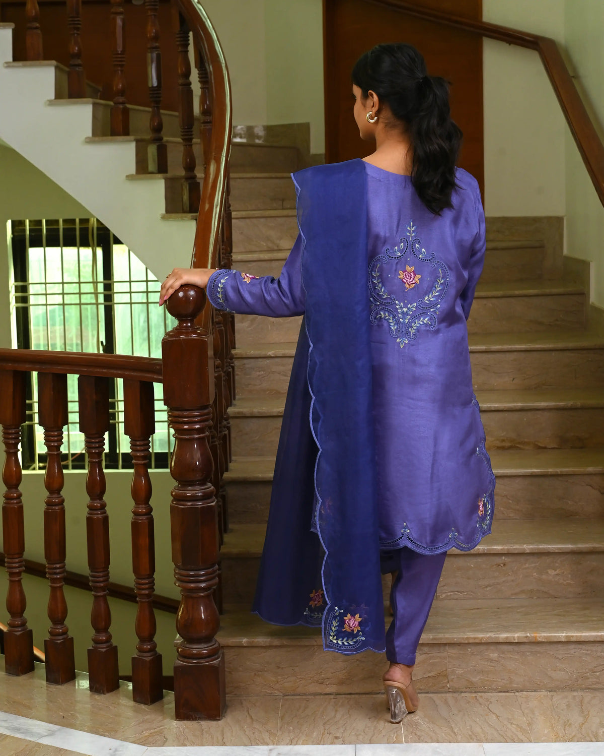 Aqua Russian Silk 3 Piece Suit with Cutwork Embroidery | Formal Wear
