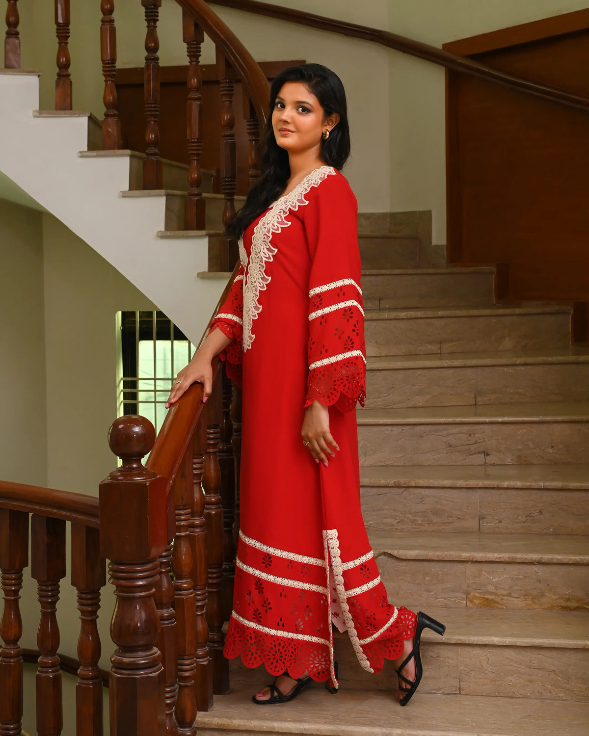 Red Laser-Cut Crepe Georgette Kaftan with Lace Embellishments