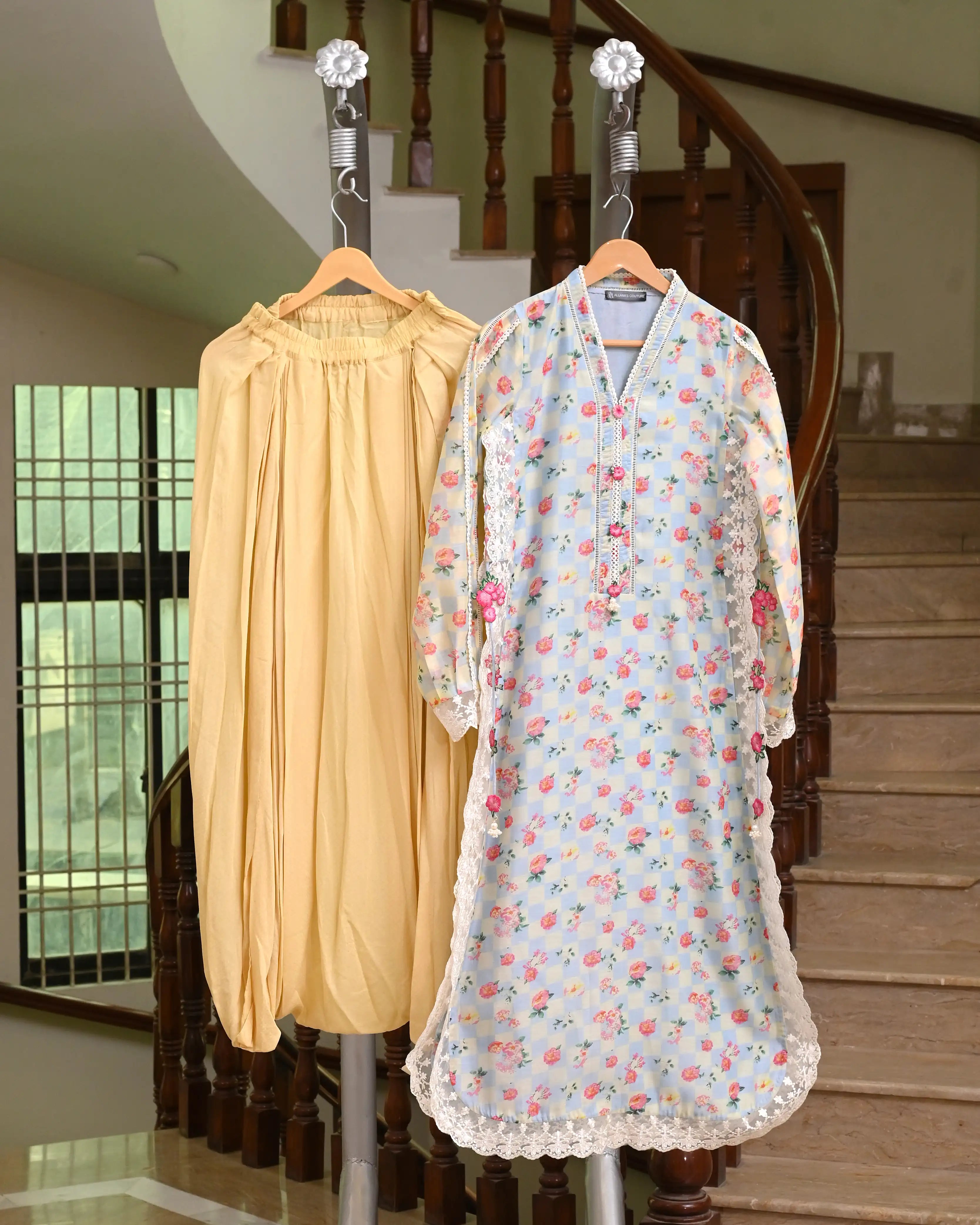 Yellow & Blue Checkerboard Silk-Lawn 3-Piece Pret Suit