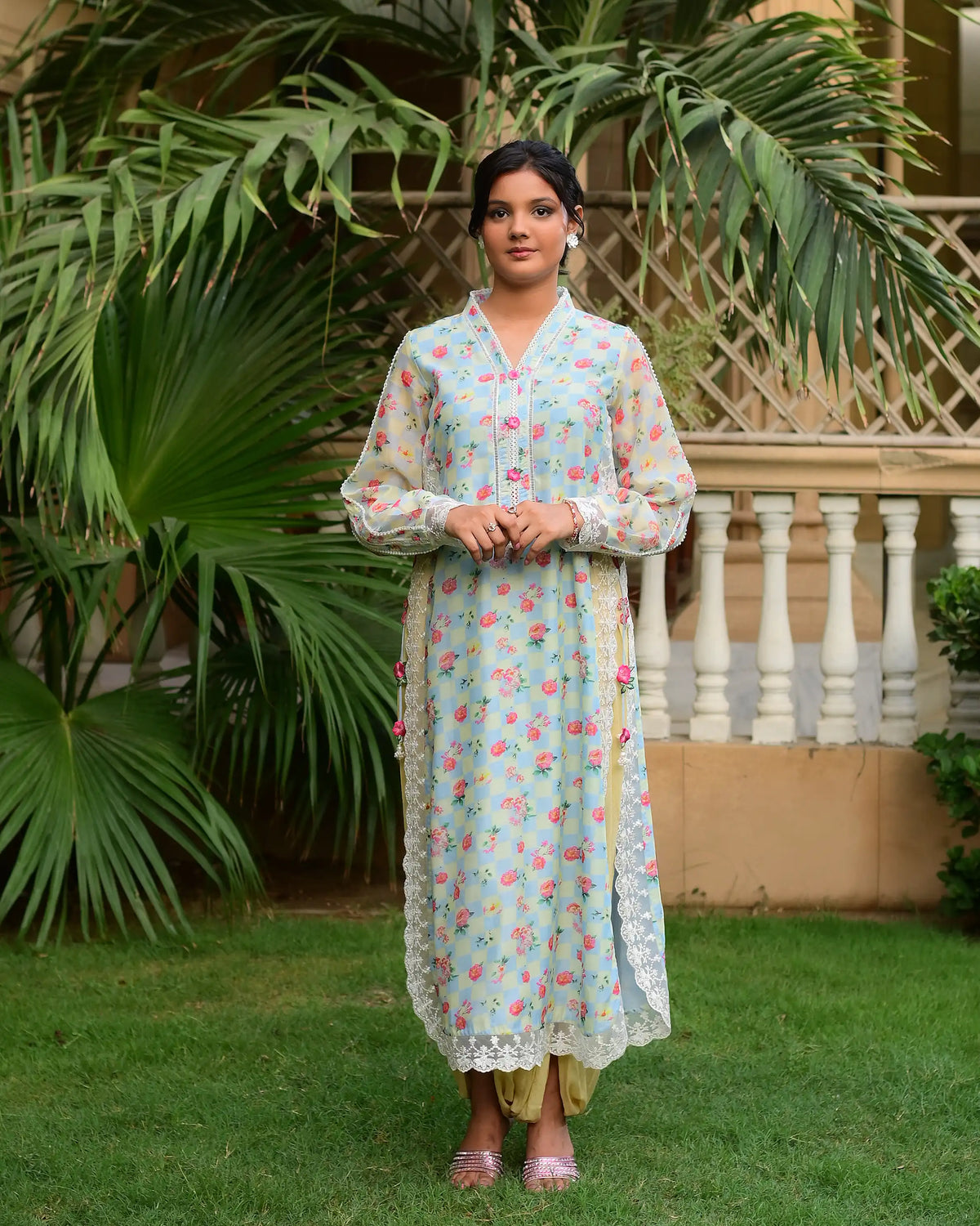 Yellow & Blue Checkerboard Silk-Lawn 3-Piece Pret Suit