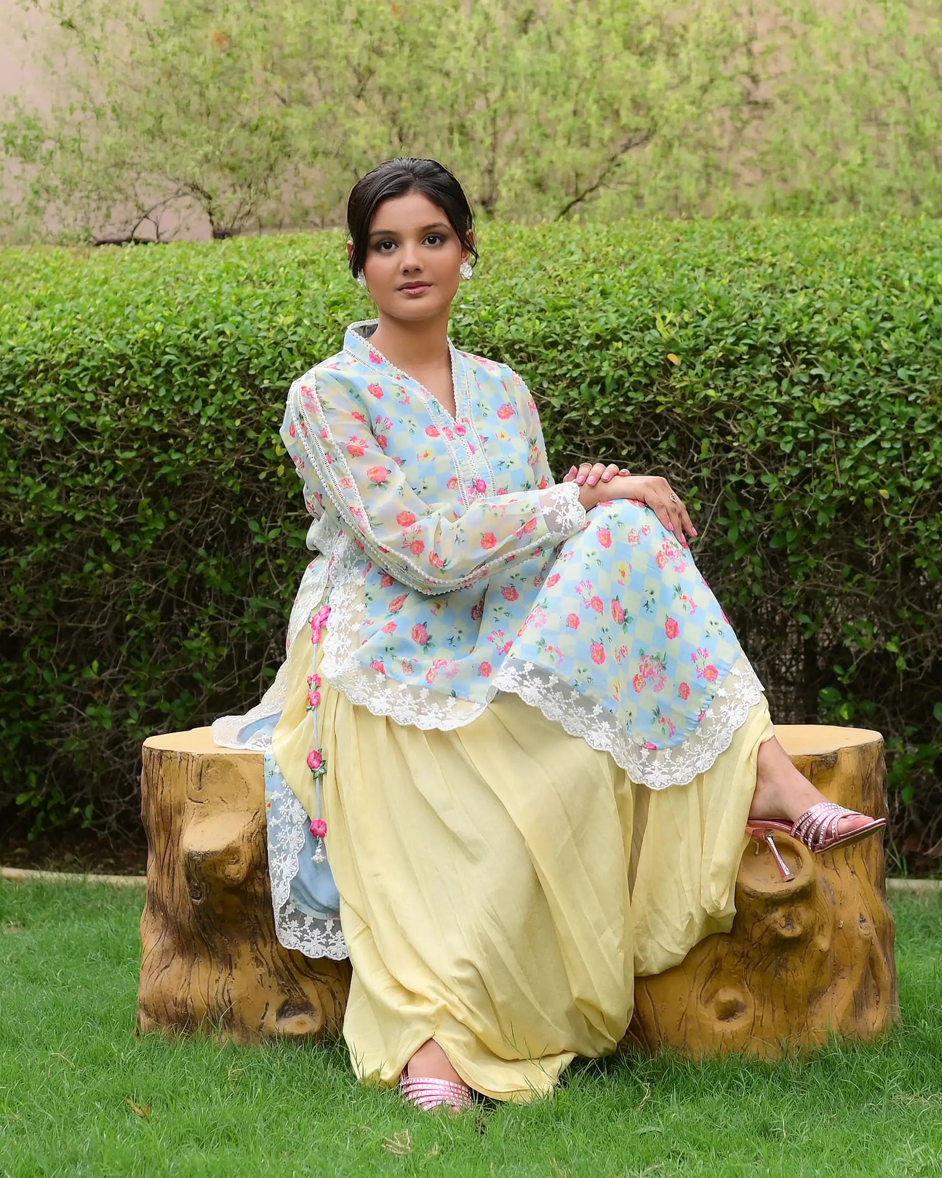 Yellow & Blue Checkerboard Silk-Lawn 3-Piece Pret Suit