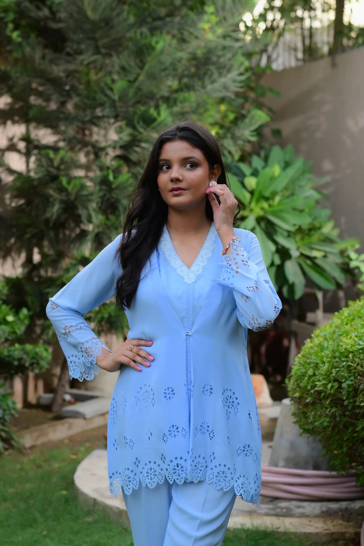 Laser-Cut Crepe Georgette 2-Piece | Short Shirt & Trouser