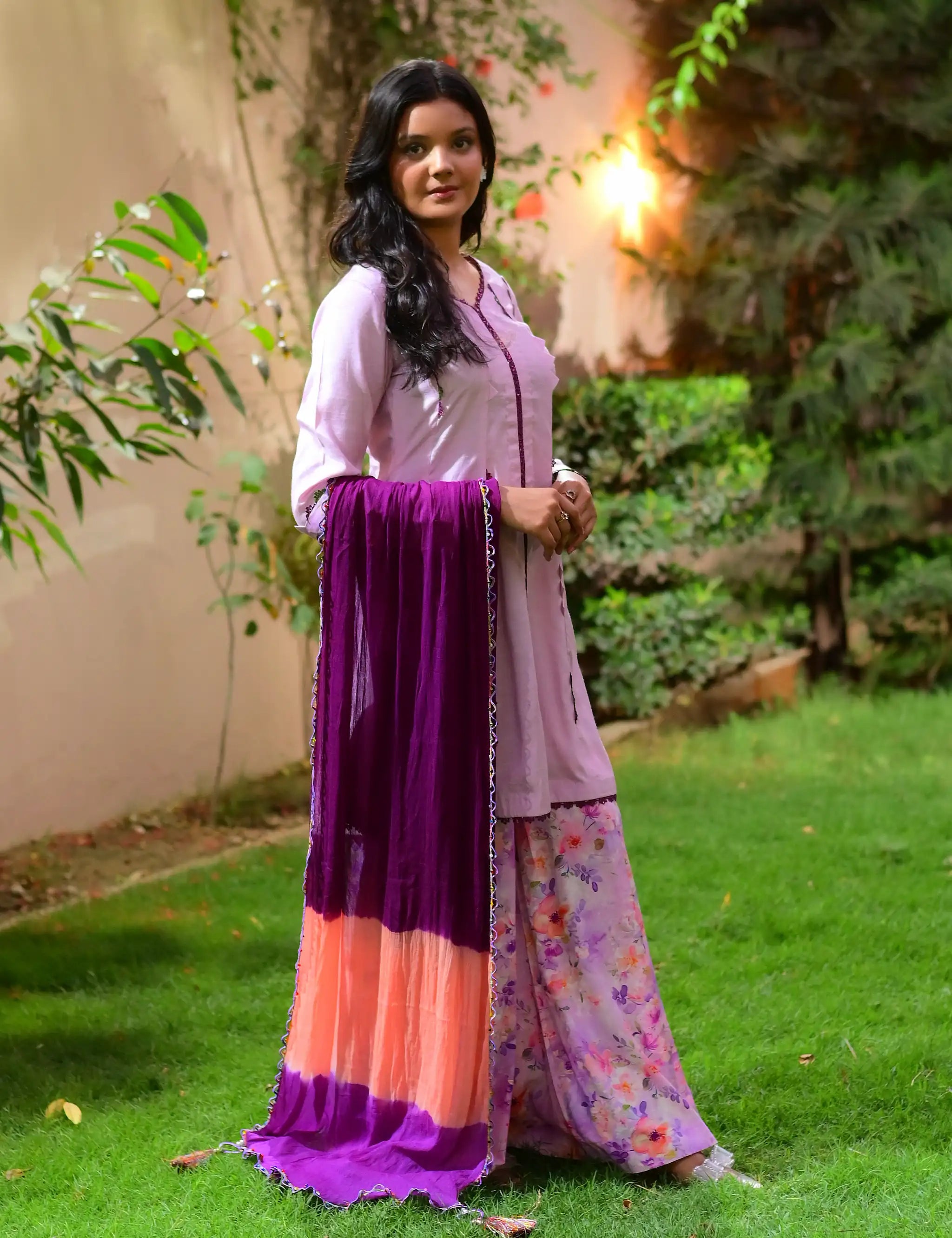 Purple Linen Peplum Shirt Set | Flapper Pants & Chiffon Dupatta 3-Piece