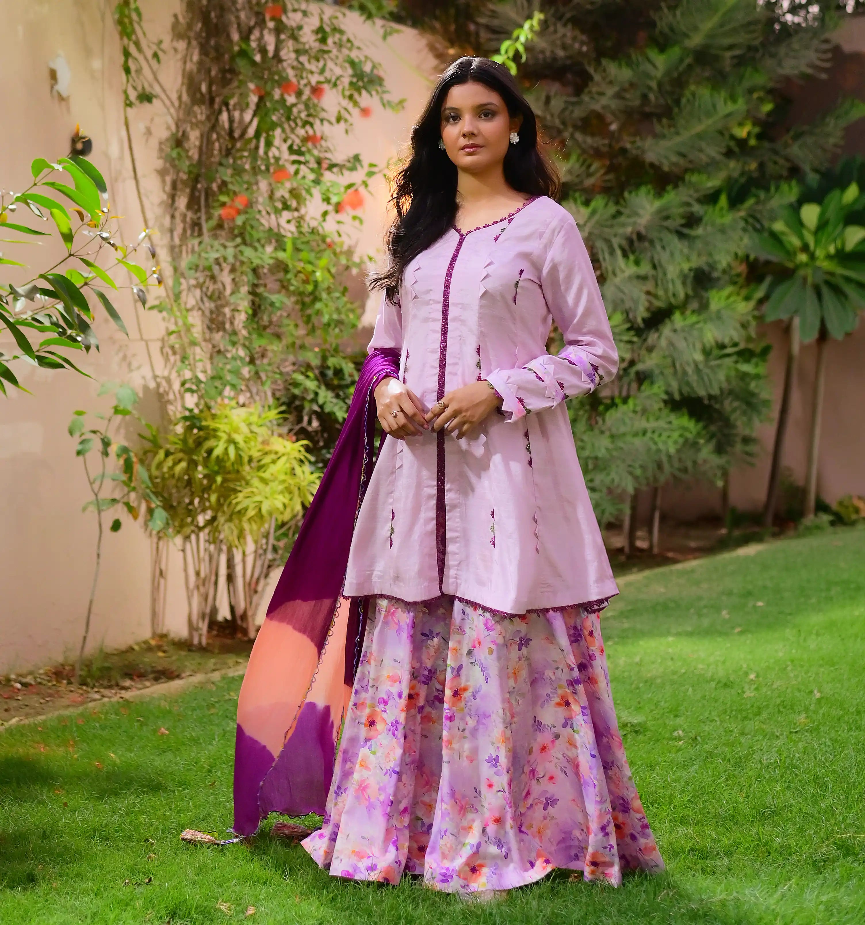 Purple Linen Peplum Shirt Set | Flapper Pants & Chiffon Dupatta 3-Piece