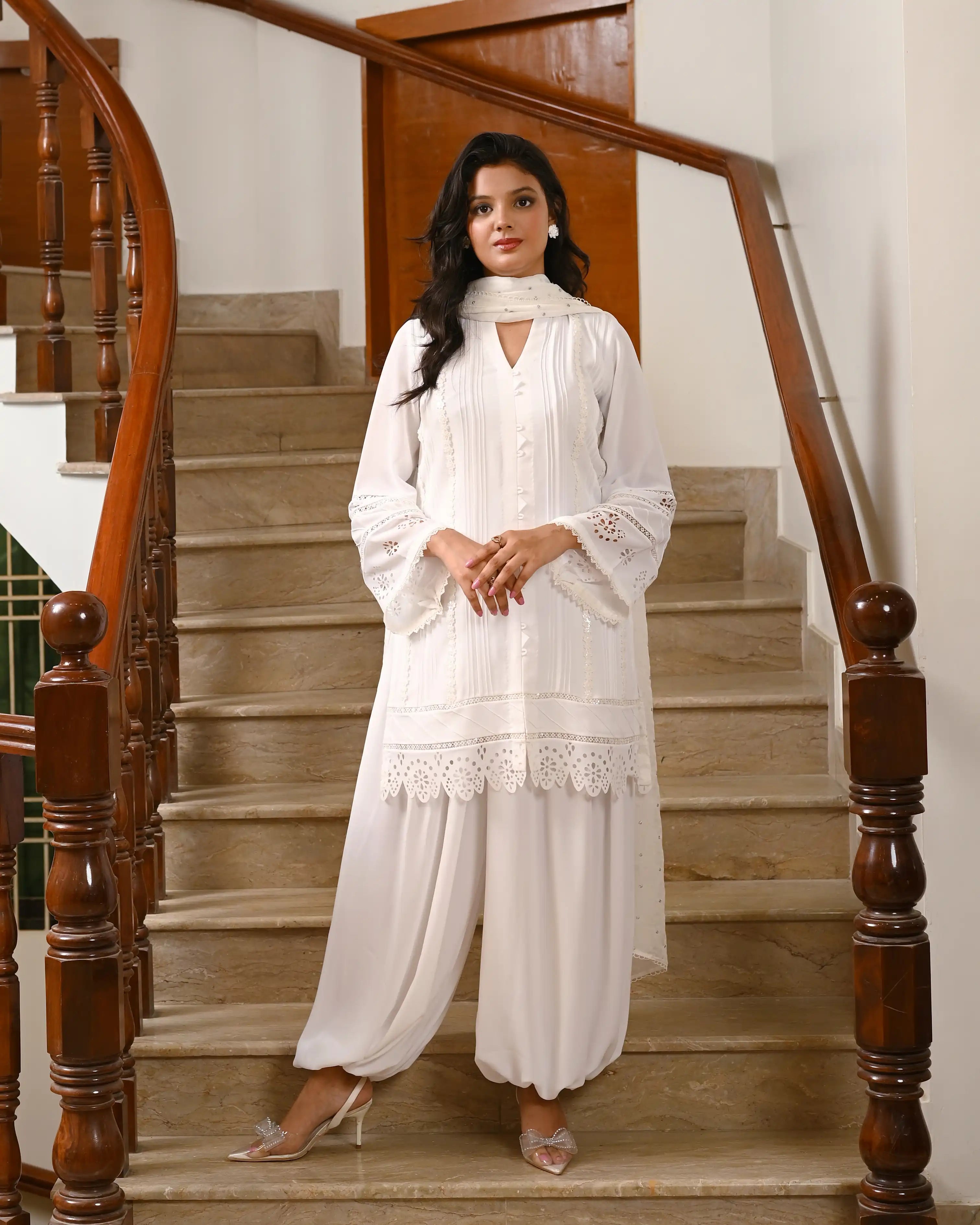 White Laser-Cut Crepe Georgette 3-Piece Suit | Lace & Silver Booti