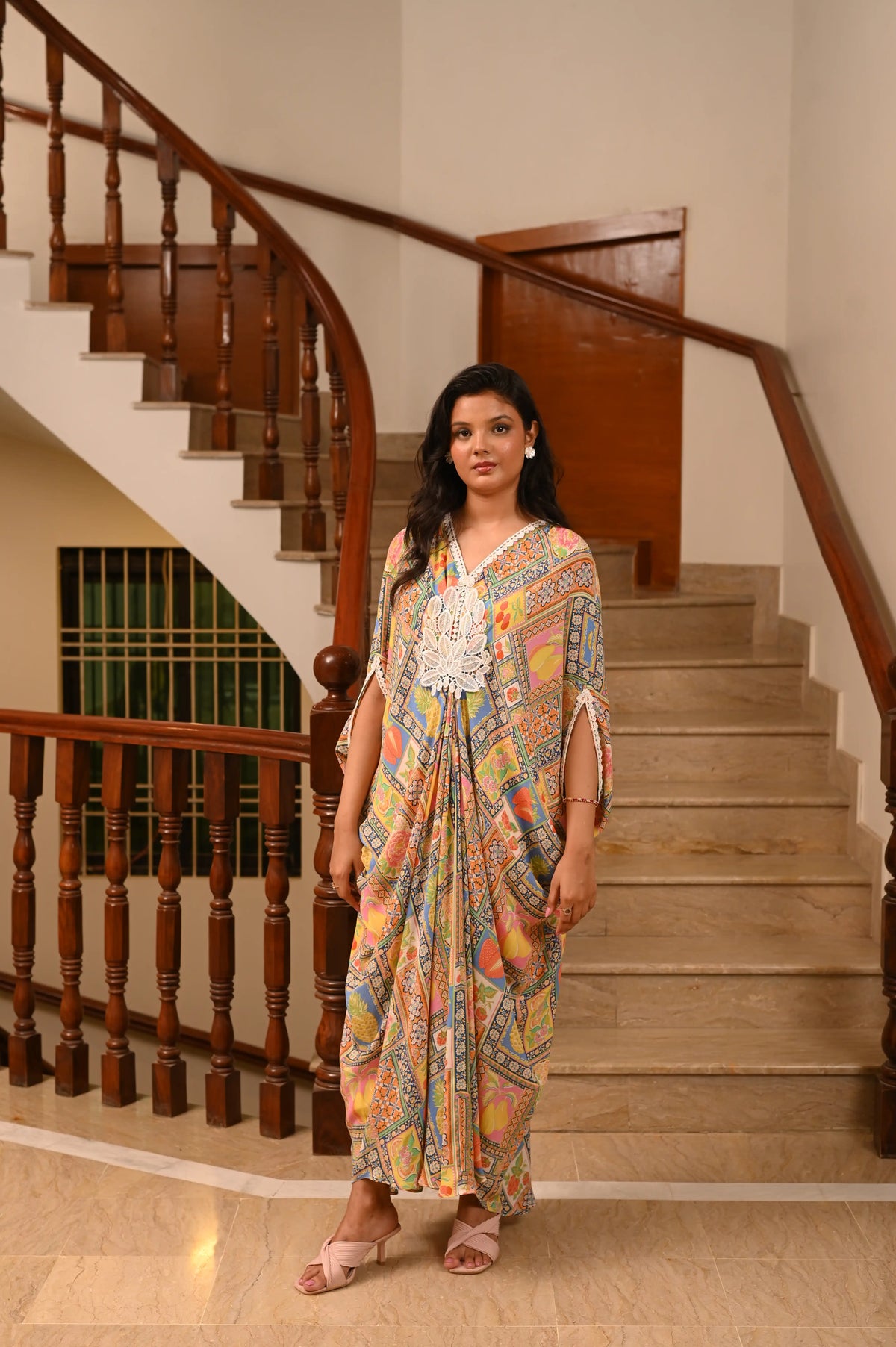 Fusion Kaftan with Lariat Lace Neckline | Casual Pret One Piece