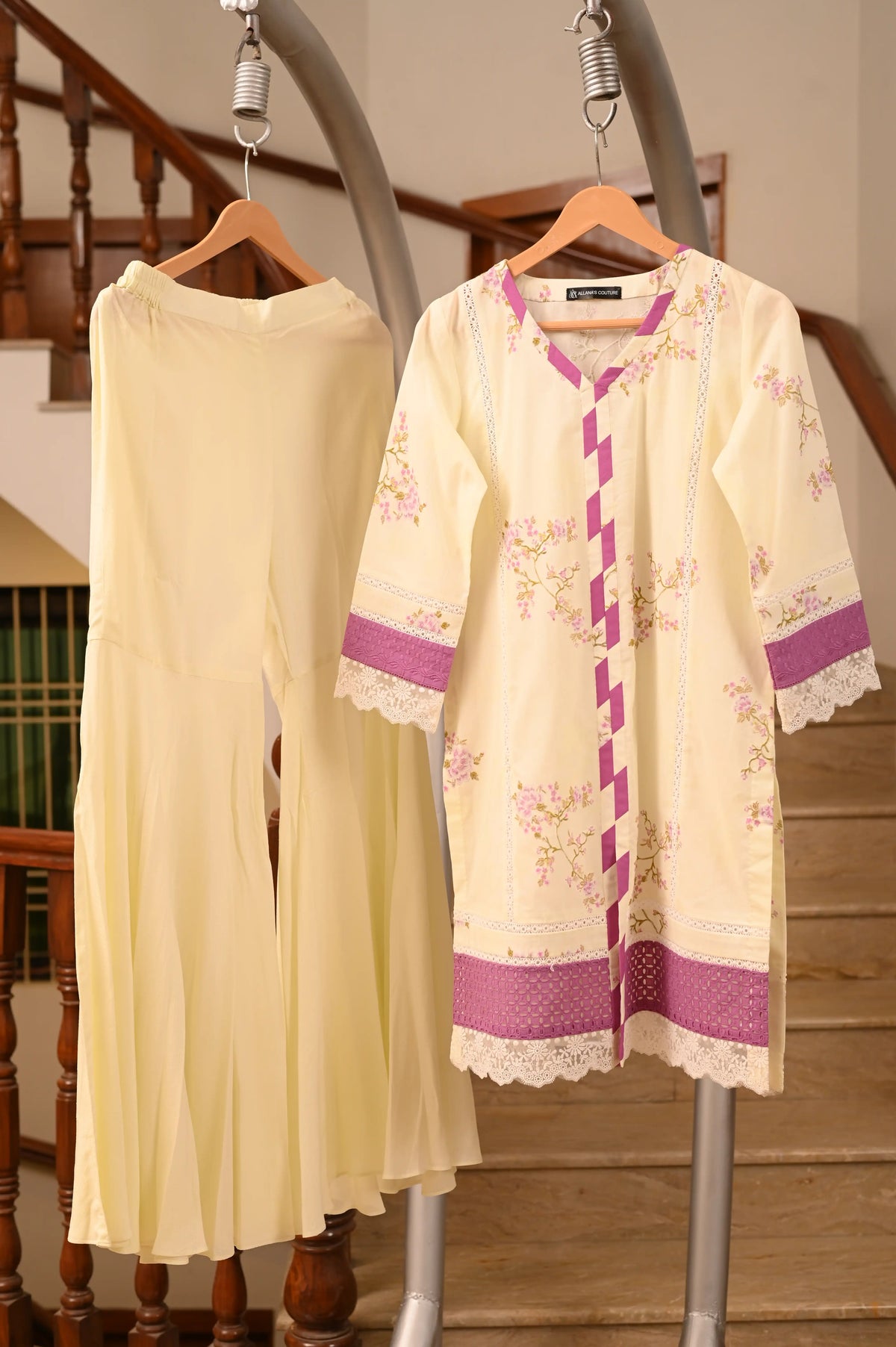 Swiss Lawn 3-Piece Set: Lace Shirt, Gharara Pants & Chiffon Dupatta
