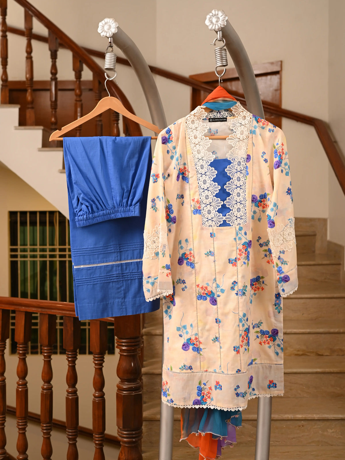 Offwhite & Electric Blue Discharge Print Swiss Lawn 3-Piece Suit