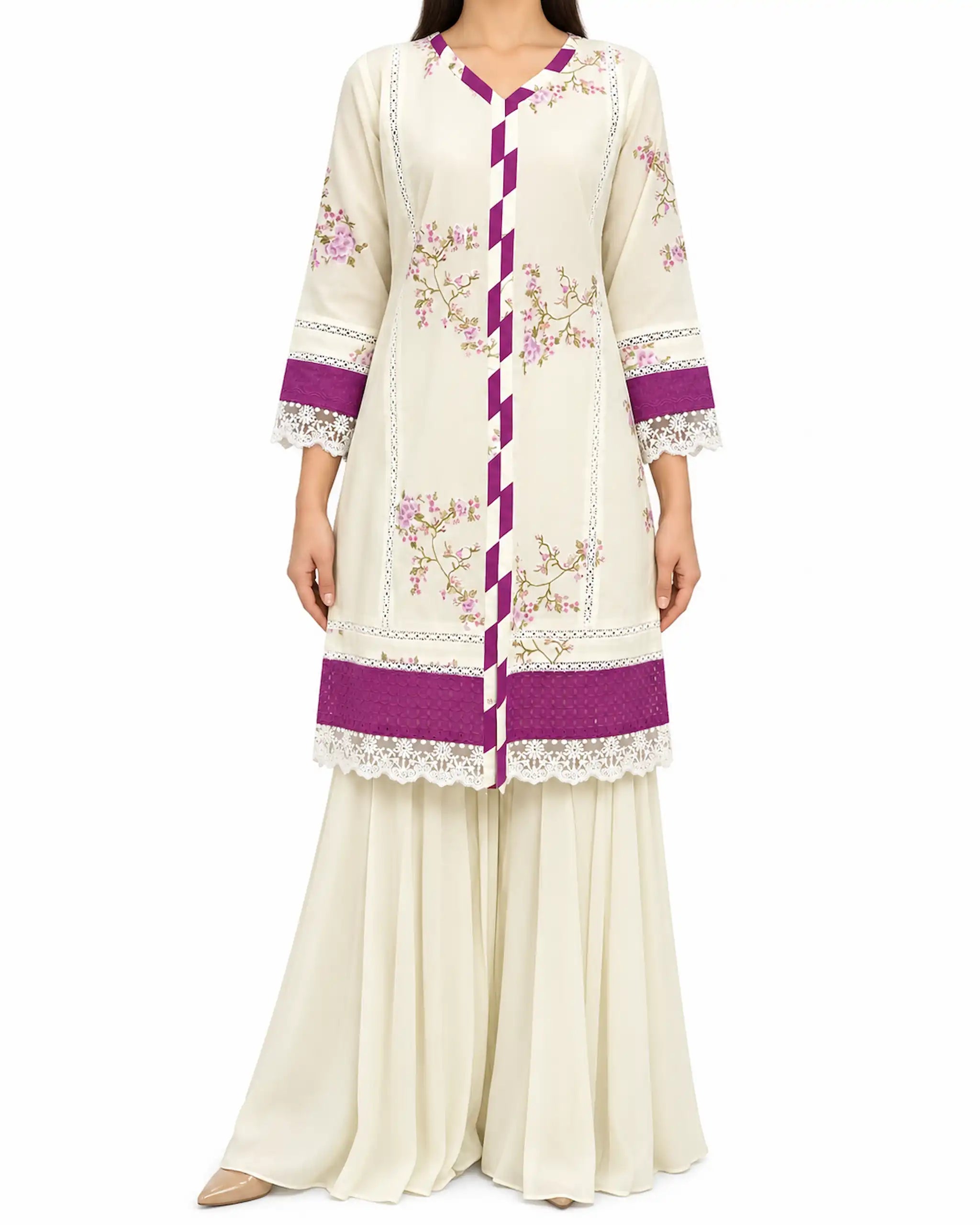 Swiss Lawn 3-Piece Set: Lace Shirt, Gharara Pants & Chiffon Dupatta