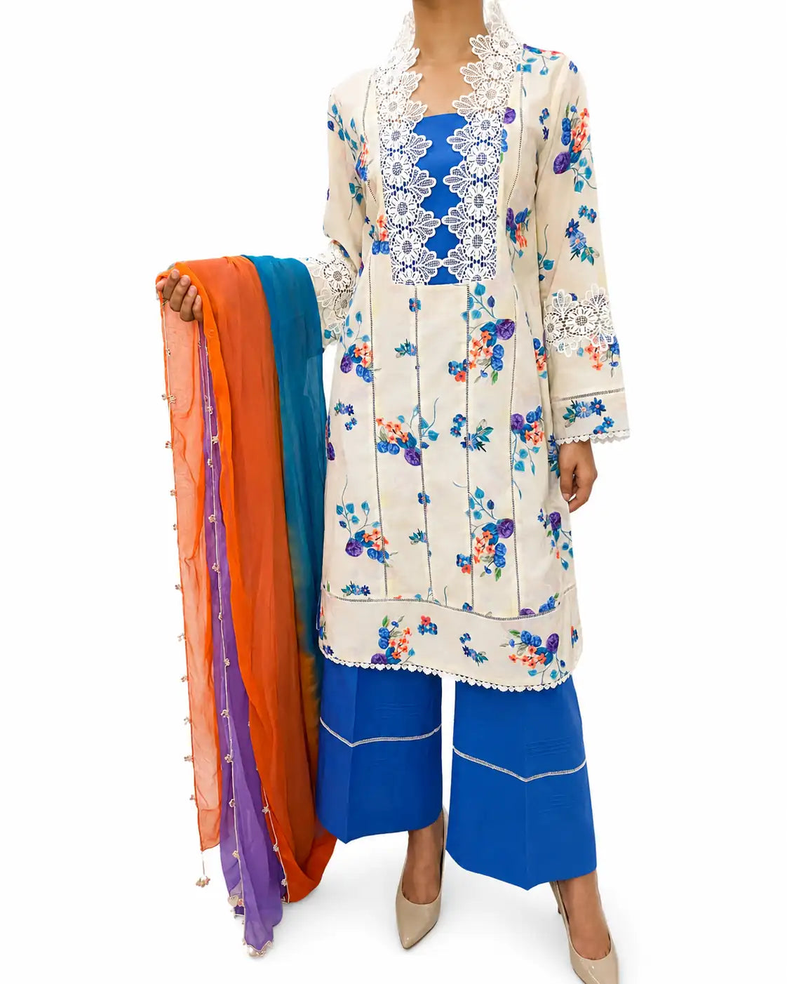 Offwhite & Electric Blue Discharge Print Swiss Lawn 3-Piece Suit