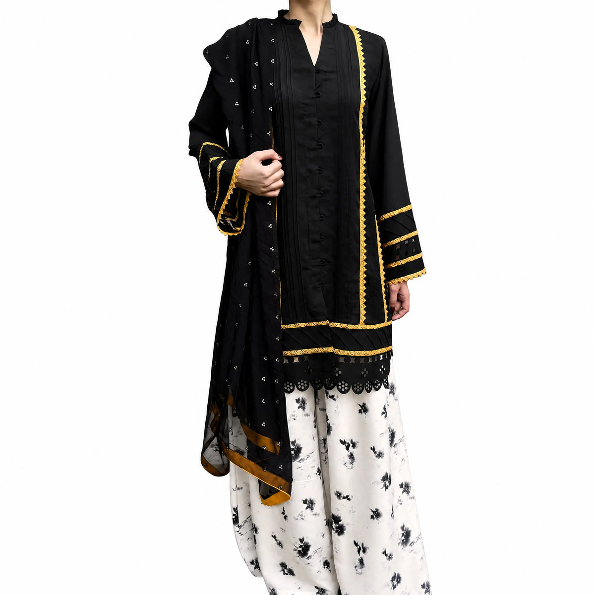 Black Laser-Cut Crepe Georgette 3-Piece Pret Dress