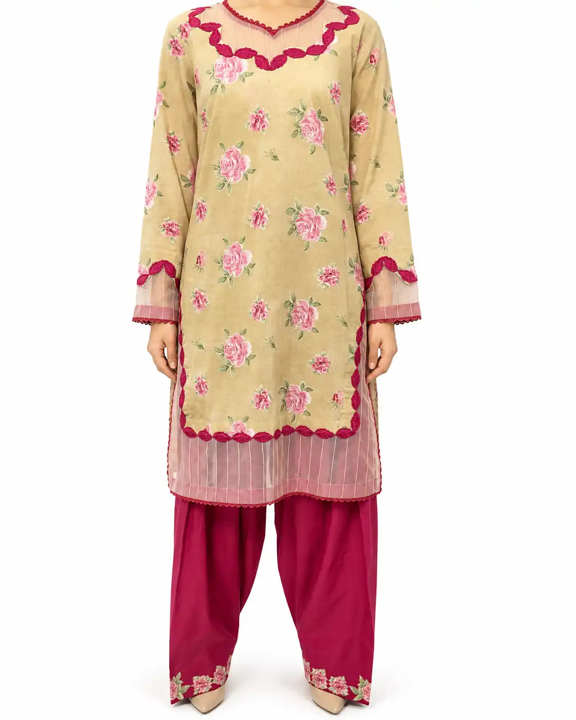 Burgundy Fawn Casual Pret 3-Piece Swiss Lawn Suit with Chiffon Dupatta