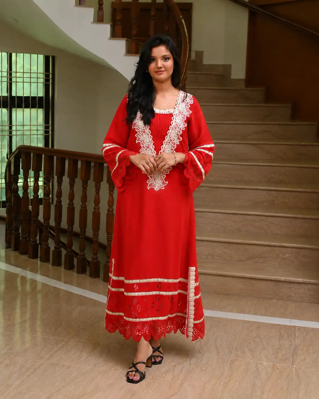 Red Laser-Cut Crepe Georgette Kaftan with Lace Embellishments